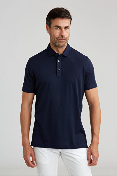 Bisse Mercerized Pique Polo Neck Navy Blue Men's T-Shirt