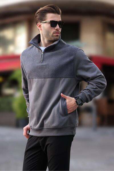 Madmext Smoked Stand Collar Half Zipper Fleece Sweatshirt 7096
