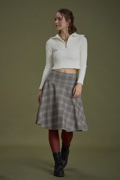 Los banditos Bohemian Style Brown Gray Checked Flared Skirt