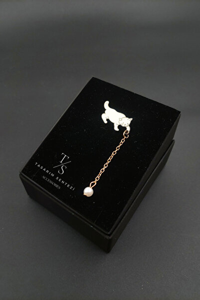 Tasarım Sentezi Rozet Metal Broş Zincirli Sevimli Beyaz Kedi incili Top Yaka ...