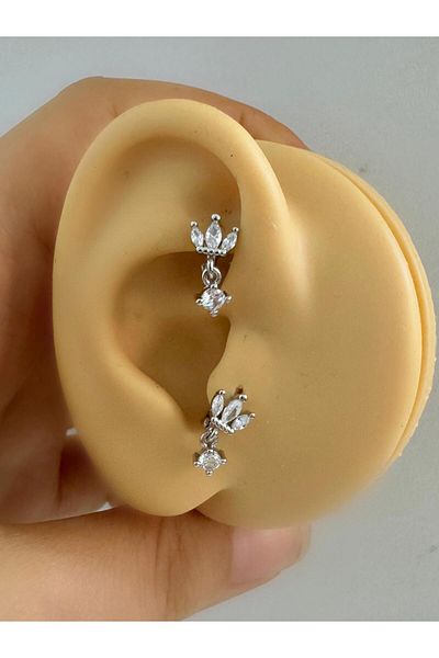 Arescollection Zircon Stone Lotus - Single Stone Dangle Tragus Rook Piercing Earrings