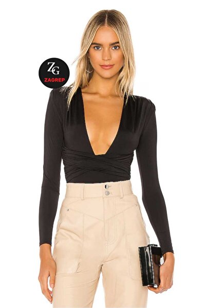 Zagrep Γυναικείο μαύρο βαθύ V με λεπτομέρεια με επένδυση από μεταξωτό μπλουζάκι