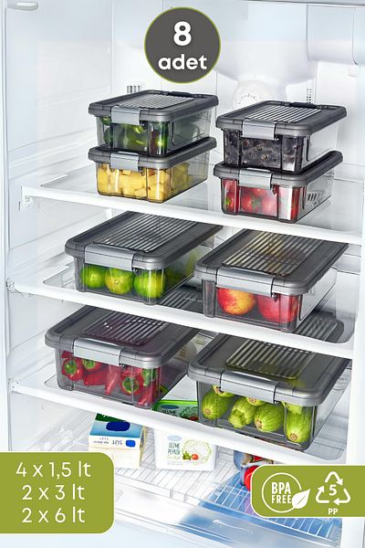 GRİMOR Life 8 Pieces Lockable Food Storage Container Refrigerator Organizer (4X1.5 Lt. 2X3 Lt. 2X6 Lt)-Dipfriz