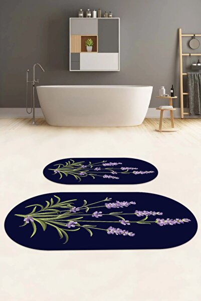 Napoli Home Set de scaune de toaletă cu covoraș de baie oval lavabil imprimat digital, cu model floral simplu, WC-61-ALBASTRU ÎNCHIS,
