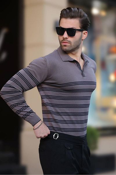 Madmext Gray Buttoned Polo Collar Striped Long Sleeve Sweater 7270