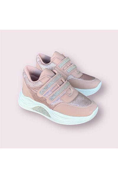 ŞAHGÜL Girl's Pink Stone Velcro Lightweight Orthopedic Sole Sports Shoes Sneakers