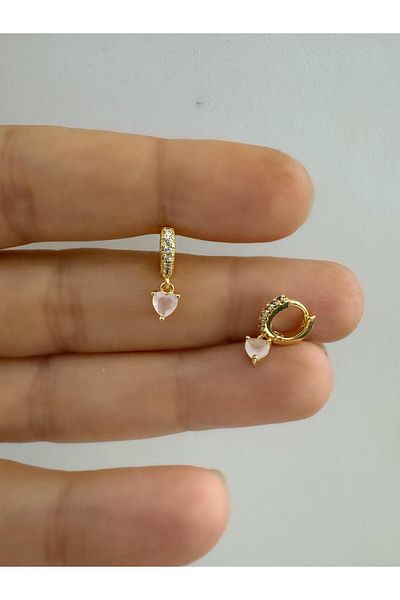 Arescollection 1 Piece Zircon Stone Pink Heart Dangle Tragus Rook Compatible Minimal Ring Piercing Earring