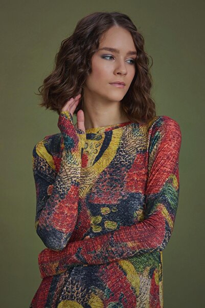 Los banditos Kayık Yaka Parmak Geçmeli Kışlık Sarı Desenli Elbise