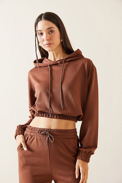 XHAN Brown Hooded Crop Sweatshirt 5Kxk8-48964-18