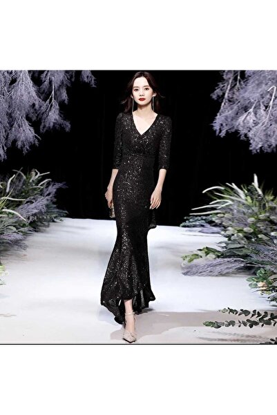 MODAS kruvaze yaka yarım kollu pul payet abiye elbise