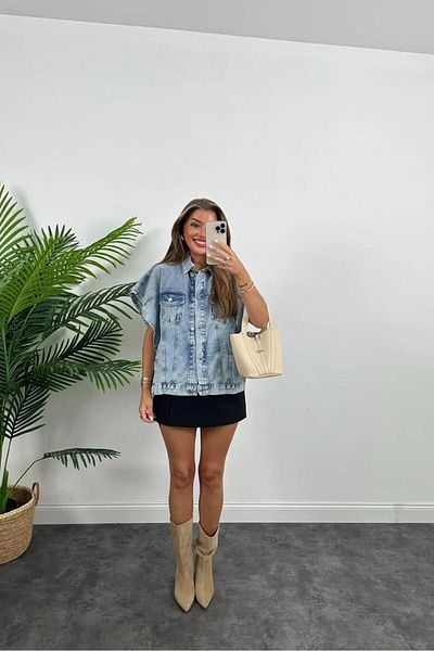 VESS MODA Vestă de damă cu balon cu mânecă zero, cu închidere laterală, detaliată, din denim, poncho