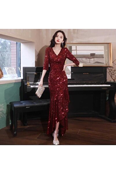 MODAS kruvaze yaka yarım kollu pul payet abiye elbise