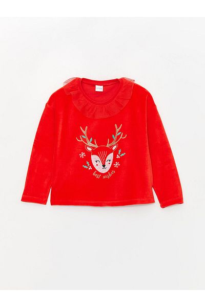 LC Waikiki Lcw Crew Neck Vánoční tématické Sametové dívčí pyžamo s dlouhým rukávem