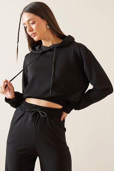 XHAN Black Hooded Crop Sweatshirt 5Kxk8-48964-02