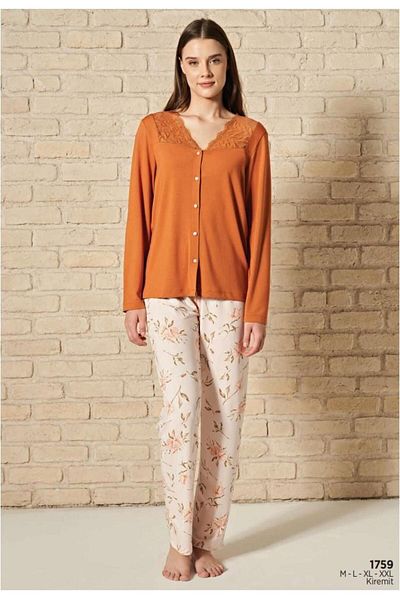 Pijadore Women's Brick Viscose Buttoned Long Sleeve Pajamas Set 1759