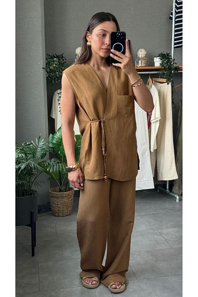 YOUR NAME Camel Color Women's Vest and Trousers Set - Front Tie and Bead Detail
