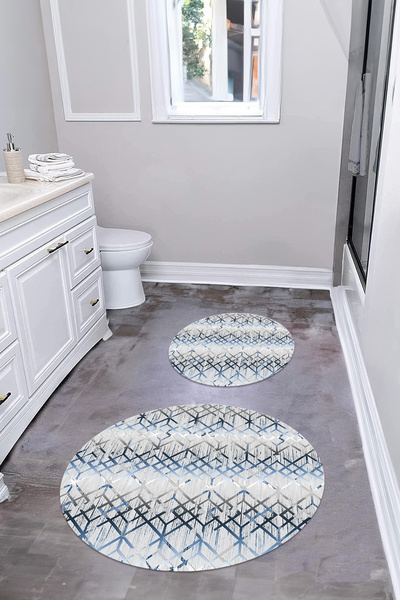 Napoli Home Ψηφιακό σετ τουαλέτας με αντιολισθητική βάση με σχέδιο γραμμής, στρογγυλό χαλάκι μπάνιου