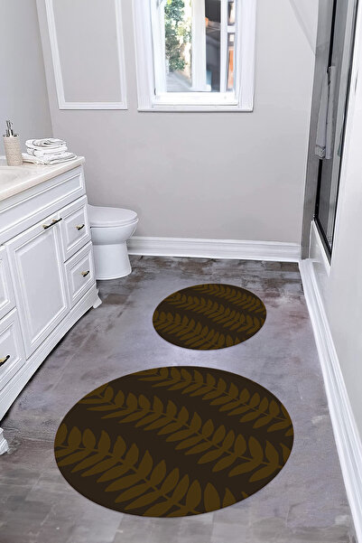 Napoli Home Σετ τουαλέτας με στρογγυλό χαλάκι μπάνιου με μοτίβο φύλλων με αντιολισθητική βάση που πλένεται