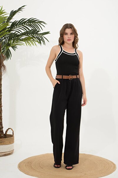 Ravencia Чорні брюки Palazzo - жіночі, з поясом і складками