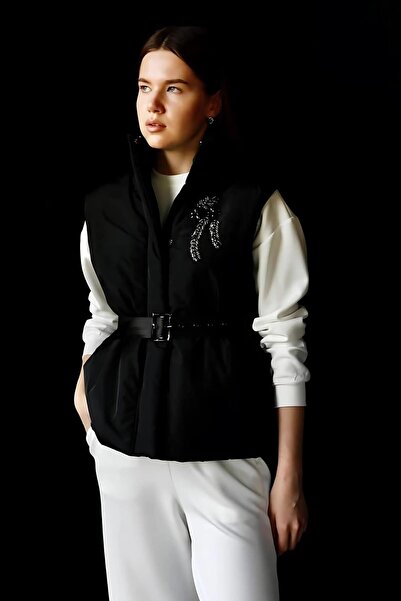 Ravencia Black Stone Embroidered Belted Puffer Vest