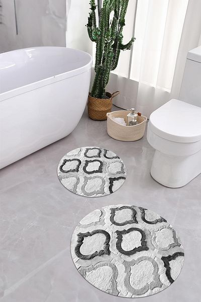 Napoli Home Set de scaune de toaletă rotundă pentru baie, model de cană anti-alunecare, lavabilă, imprimată, KLOZET-79-GRI,