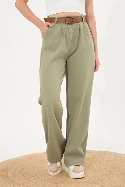 Ravencia Жіночі брюки палаццо кольору хакі - з поясом і складками