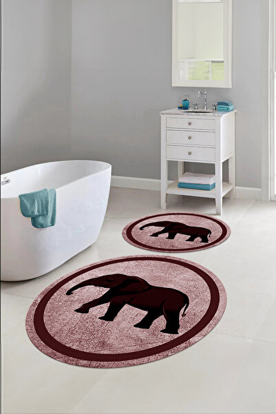 Napoli Home Printed Washable Non-Slip Base Round Bath Mat Toilet Set with Elephant Figure