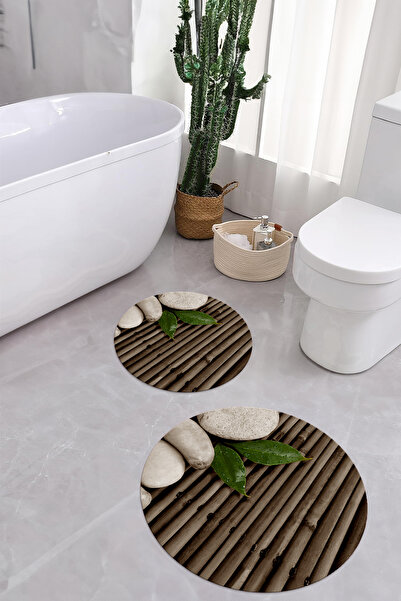 Napoli Home Σετ τουαλέτας με στρογγυλό χαλάκι μπάνιου με στάμπα, αντιολισθητική βάση, με σχέδιο πέτρας