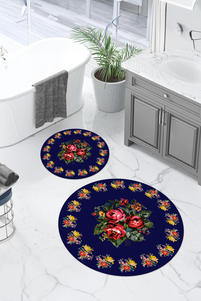 Napoli Home Σετ τουαλέτας με στρογγυλό χαλάκι μπάνιου με ψηφιακό μοτίβο λουλουδιών που πλένεται