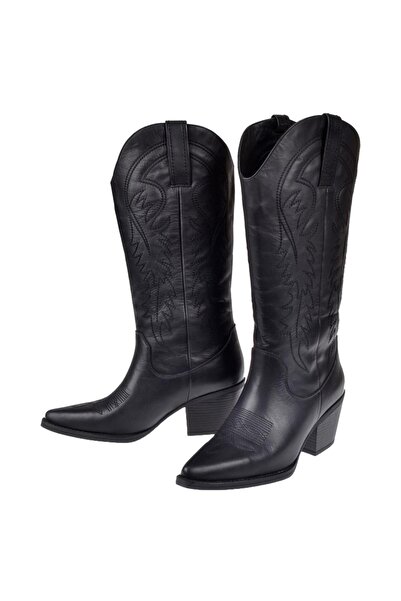 pullman Hakiki Deri İşlemeli Western Kadın Çizme PLM-011 SİYAH