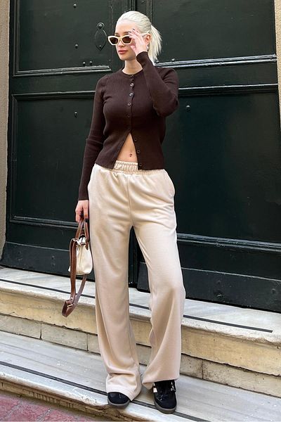 Madmext Beige Elastic Waist High Waist Spanish Leg Knitwear Trousers Mg2211