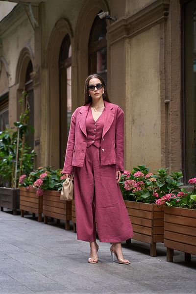 YOUR NAME Burgundy Linen Women's Trousers - High Waist and Pleated Loose Cut
