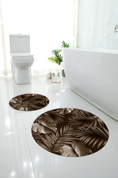 Napoli Home Ψηφιακό σετ τουαλέτας με μοντέρνο σχέδιο φύλλων, στρογγυλό χαλάκι μπάνιου