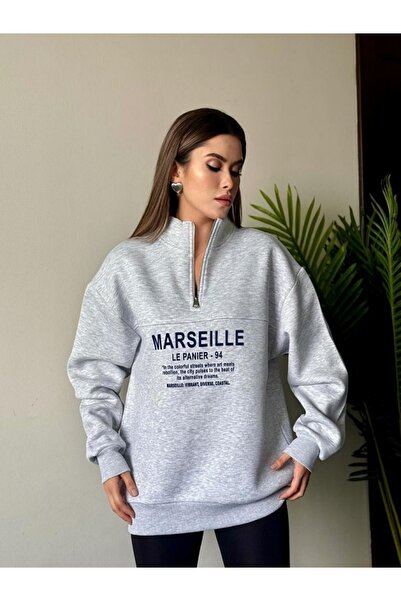 buğlem collection Дамски суитшърт с цип отпред и отзад, голям размер, с щампа