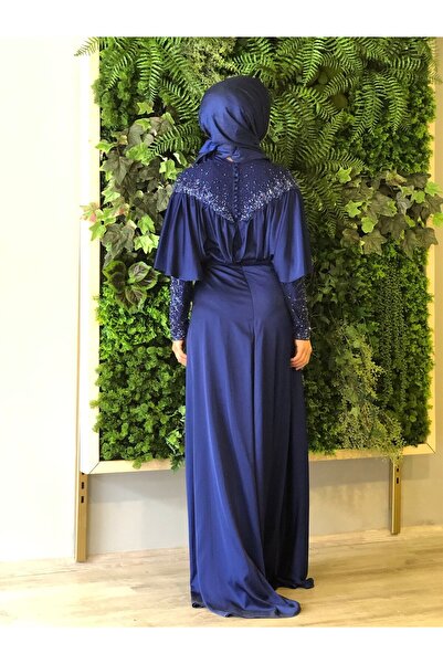 Katre Kenzel Satin Collar and Stone Sleeves Evening Dress