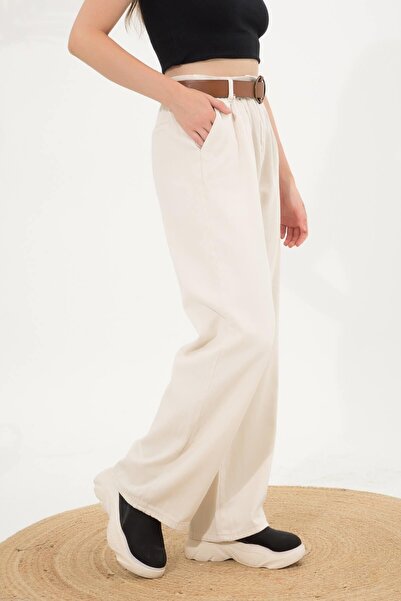 Ravencia Бежеві штани з поясом і складками Palazzo для жінок