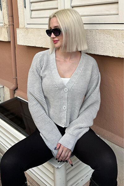 Madmext Long Sleeve Gray Crop Cardigan - Buttoned, Mg2198