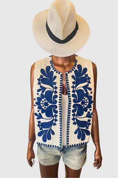 Ravencia Жіночий жилет з підкладкою, з вишивкою у вигляді листя, синьо-білий