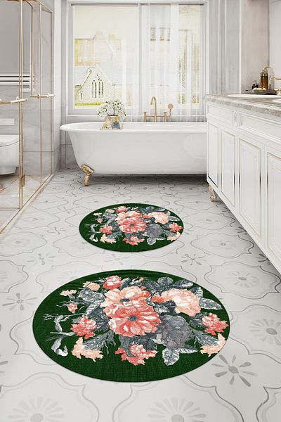 Napoli Home Set de scaune de toaletă rotundă, lavabilă, anti-alunecare, cu detalii florale, KLOZET-99-GREEN,