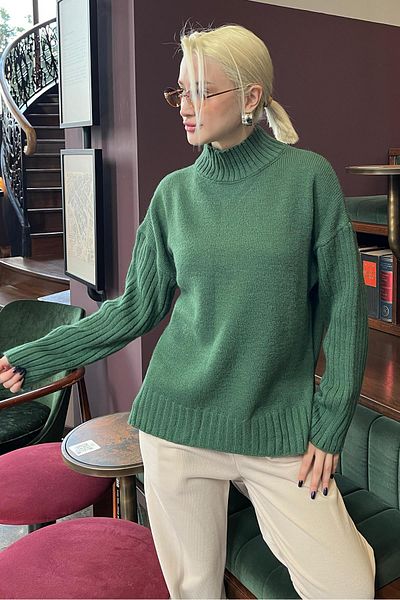 Madmext Khaki Half Turtleneck Wick Detailed Women's Sweater Mg2156