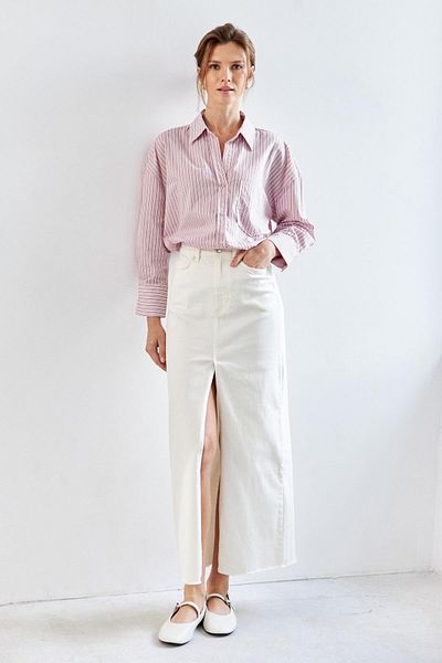 YOUR NAME High Waist Ecru Slit Long Denim Midi Skirt