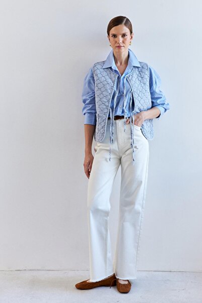 YOUR NAME Kapitone Önden Bağlama Cep Detaylı Mavi Kadın Yelek