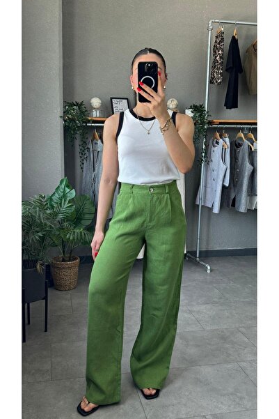 YOUR NAME Yüksek Bel Pileli Bol Kesim Yeşil Keten Pantolon
