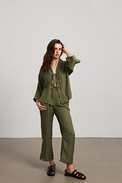 YOUR NAME Πλισέ υφασμάτινο παντελόνι μουσελίνας χακί με φαρδιά πόδια