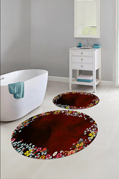Napoli Home Digital Washable Colorful Floral Pattern Round Bath Mat Toilet Set