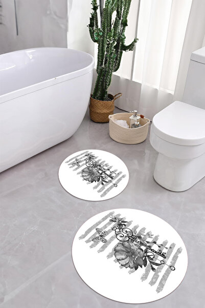 Napoli Home Σετ τουαλέτας με στρογγυλό χαλάκι μπάνιου με μοτίβο τριαντάφυλλου, αντιολισθητική βάση, που πλένεται