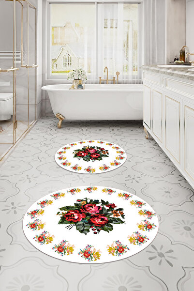Napoli Home Digital Washable Framed Floral Pattern Round Bath Mat Toilet Set