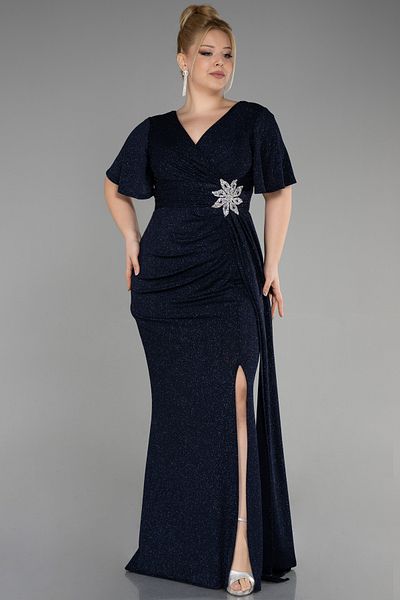 Efelif Navy Blue Short Sleeve Slit Long Glitter Plus Size Evening Dress ABU39790