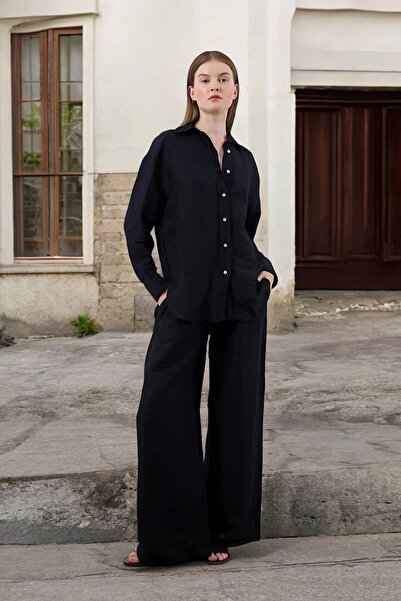 Ravencia Жіночий комплект сорочки та брюк з льону - чорний