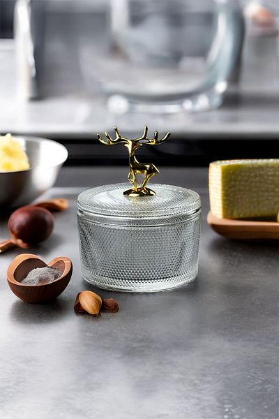 TrendDeco Gold Glass Sugar Bowl with Deer Detail